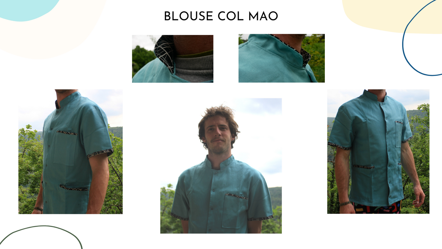 Blouse Col Mao Bleue